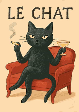 Le Chat Black Cat Smoking and Drinking