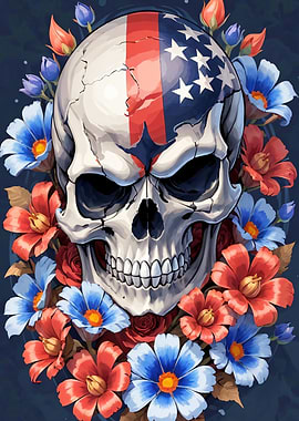 Skull with American Flag and Flowers