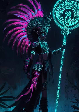 Fantasy Warrior with Neon Headdress and Staff