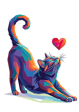 Colorful Cat Stretching with Heart