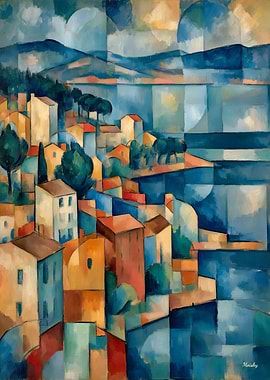 Cubist Coastal Village Painting