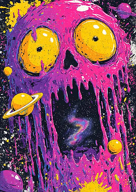 Cosmic Dripping Skull with Planets