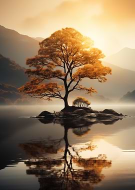 Golden Tree Reflection in Lake