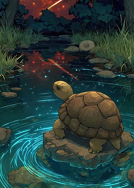 Turtle watches meteor shower by stream