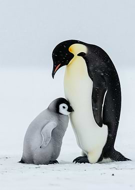 Emperor Penguin and Chick in Snow