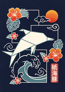 Origami Dolphin and Japanese Wave Art
