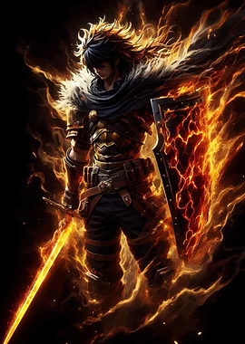 Fiery Warrior with Sword and Shield
