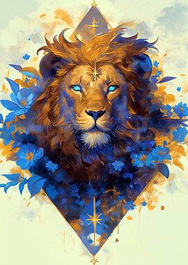Majestic Lion with Blue Flowers