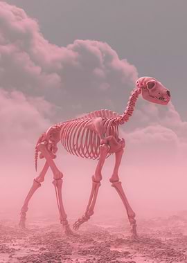 Pink Skeleton Dog in Foggy Landscape