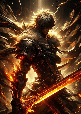 Fiery Warrior with Glowing Sword