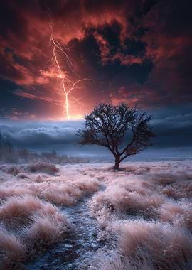 Dramatic Lightning Storm Over Lone Tree