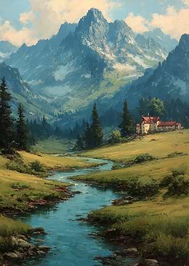 Mountain Valley Landscape Painting