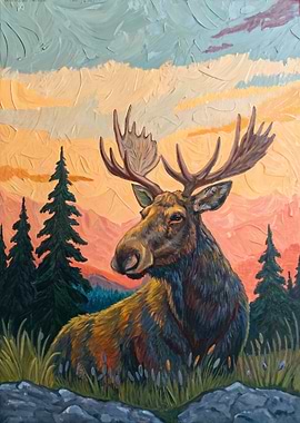 Moose in a Mountain Landscape Painting
