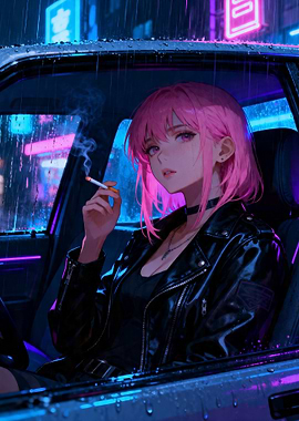 Pink-haired girl smoking in a car