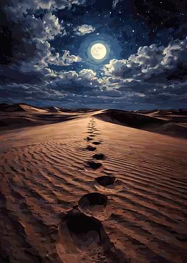 Footprints in the Desert Under the Moon