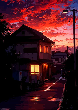 Anime Sunset Over Japanese Street