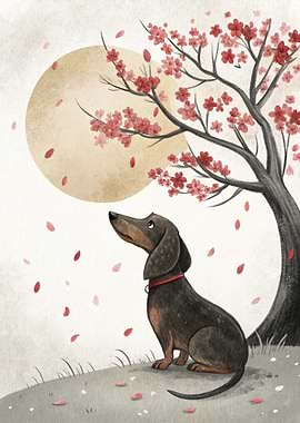 Dachshund Under Cherry Blossoms