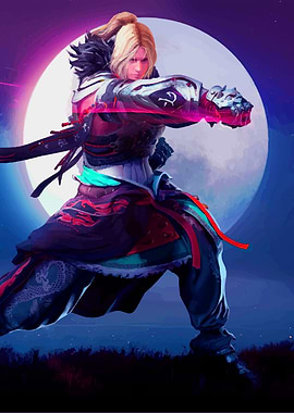 Warrior striking a pose under the moon
