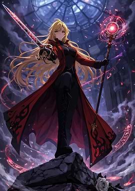 Anime Sorceress with Sword and Staff