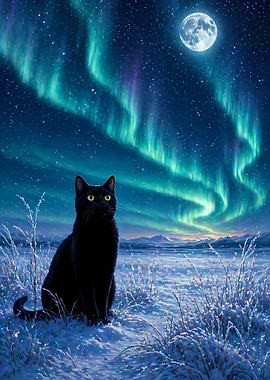 Black Cat Under the Aurora Borealis