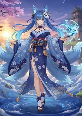 Blue Fox Spirit in Kimono