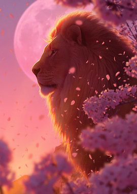 Lion in Cherry Blossoms at Sunset