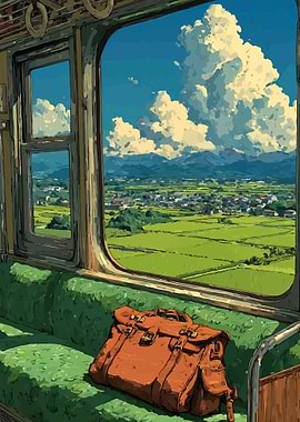 Train window view of rural landscape