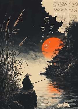 Fisherman by a lake at sunset