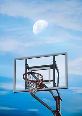 Basketball hoop under a moonlit sky
