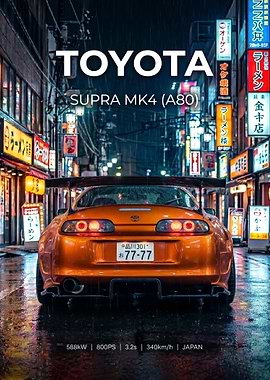 orange Toyota Supra MK4 in Rainy Tokyo Street