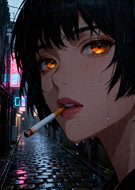Anime Girl Smoking in Rainy City