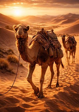 Camels in the Desert at Sunset