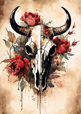 Bull Skull with Red Roses Watercolor