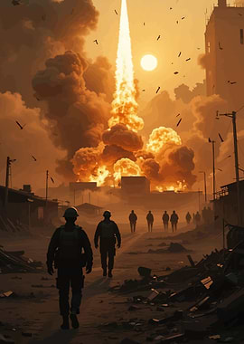 Military soldiers in a war-torn city