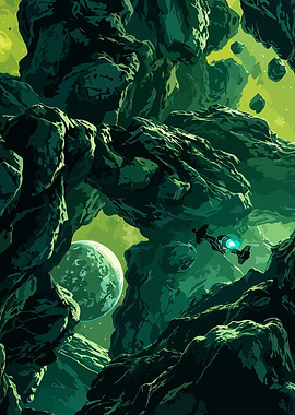 Sci-fi spaceship navigating asteroid field