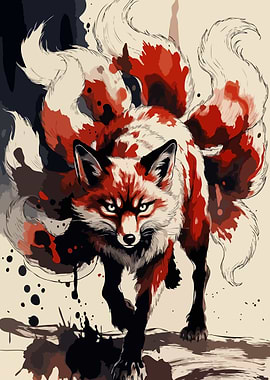 Nine-Tailed Fox with Red and White Fur