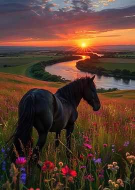 Black horse in a field of flowers at sunset