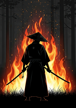 Samurai in front of a forest fire