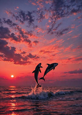 Dolphins leaping at sunset