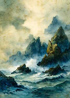 Coastal Ocean Waves Watercolor Painting