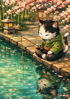 Cat fishing by a pond