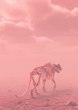 Skeleton of a Saber-Toothed Cat in a Pink Haze