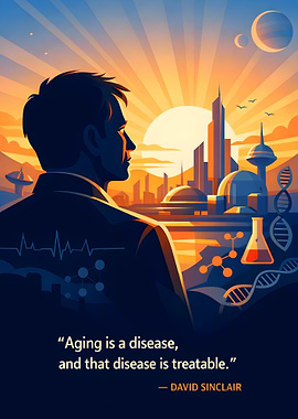 Scientist looks at futuristic city at sunset