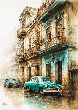 Vintage Havana Classic Cars Watercolor