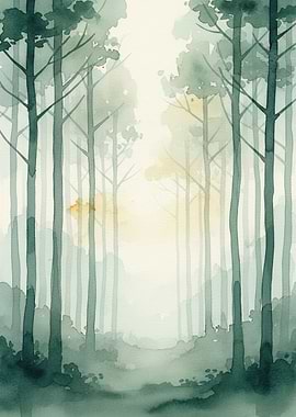 Misty Forest Watercolor Painting