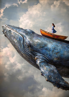 Girl in Boat on Flying Whale