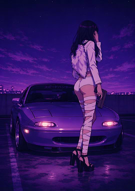 Pixel Art Anime Girl and jdm Car