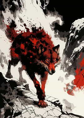 Fiery Wolf on Rocky Terrain
