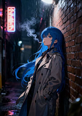 Anime Girl Smoking in Rainy Alley