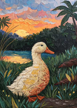 Duck at Sunset Painting